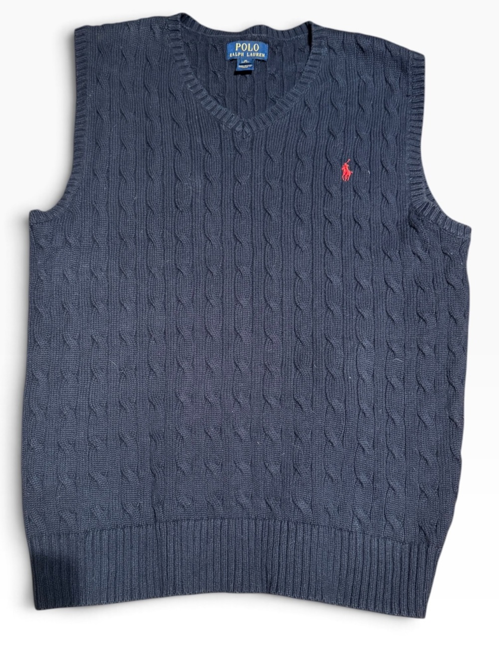 Polo by Ralph Lauren Navy Cable-Knit V-Neck Sweater Vest with Red Logo. XL youth